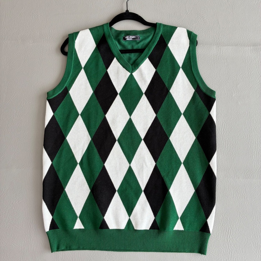 Paul Jones Men's Argyle Sweater Vest Kelly Green Golf Knickers V-Neck Large EUC